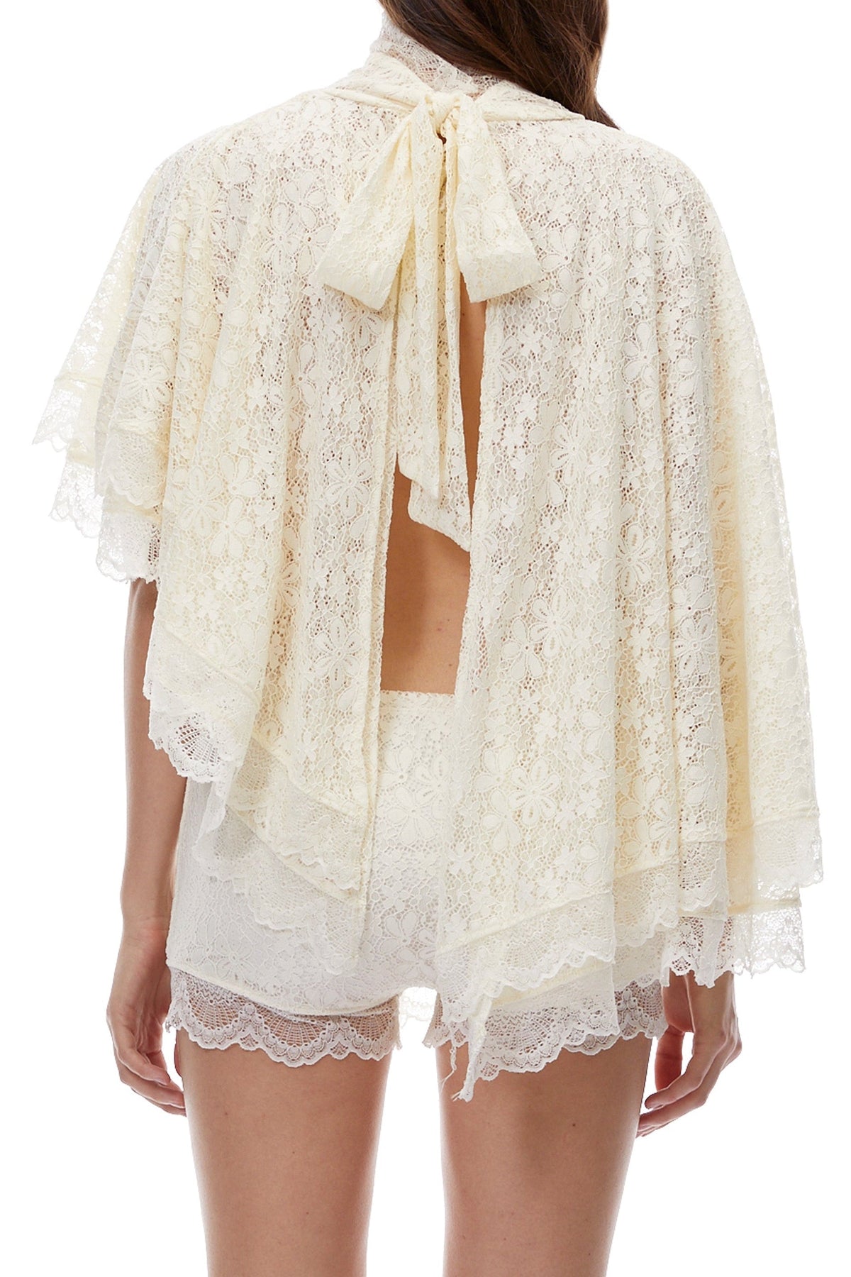 Cream Lace High Neck Tiered Ruffle Cape Blouse & Lace Shorts Two-Piece Set