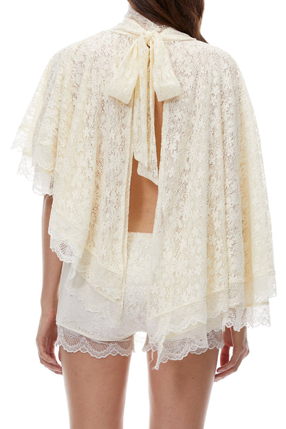 Cream Lace High Neck Tiered Ruffle Cape Blouse & Lace Shorts Two-Piece Set