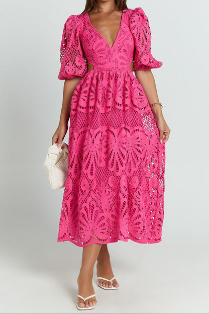 V Neck Cut Out Lace Midi Dress