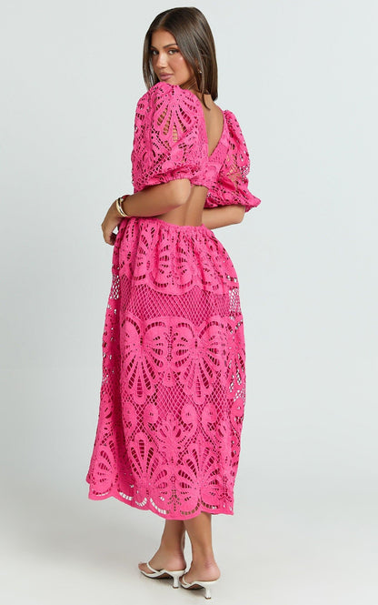 V Neck Cut Out Lace Midi Dress