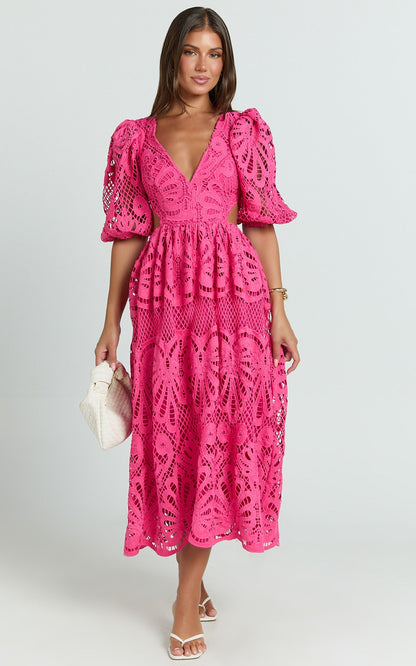 V Neck Cut Out Lace Midi Dress
