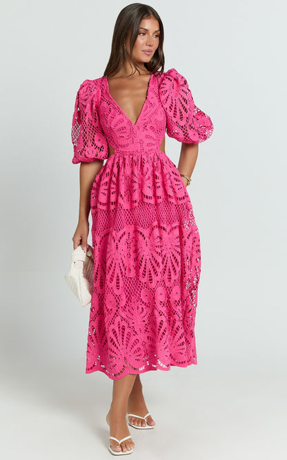 V Neck Cut Out Lace Midi Dress