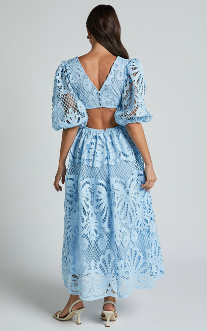 V Neck Cut Out Lace Midi Dress