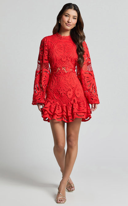 Long Puff Sleeve Lace Mini Dress