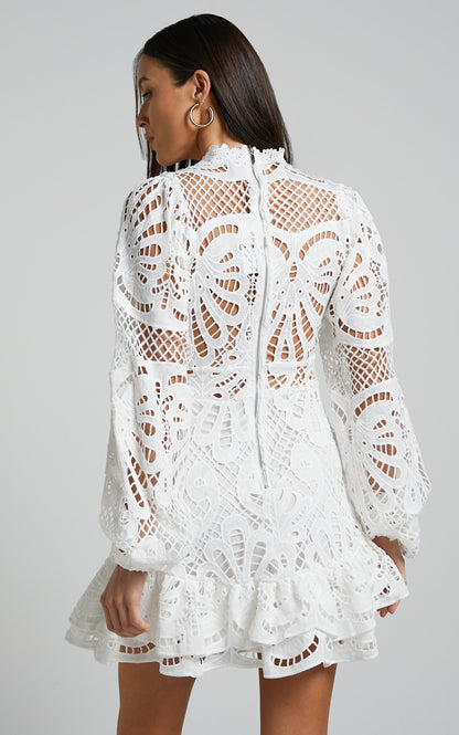 Long Puff Sleeve Lace Mini Dress