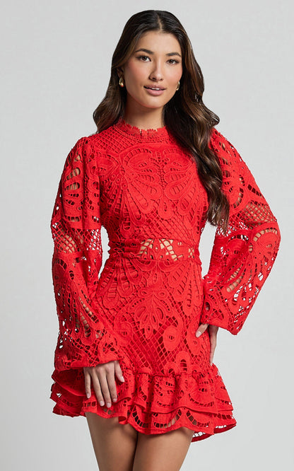 Long Puff Sleeve Lace Mini Dress