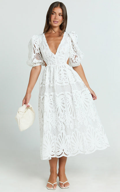 V Neck Cut Out Lace Midi Dress