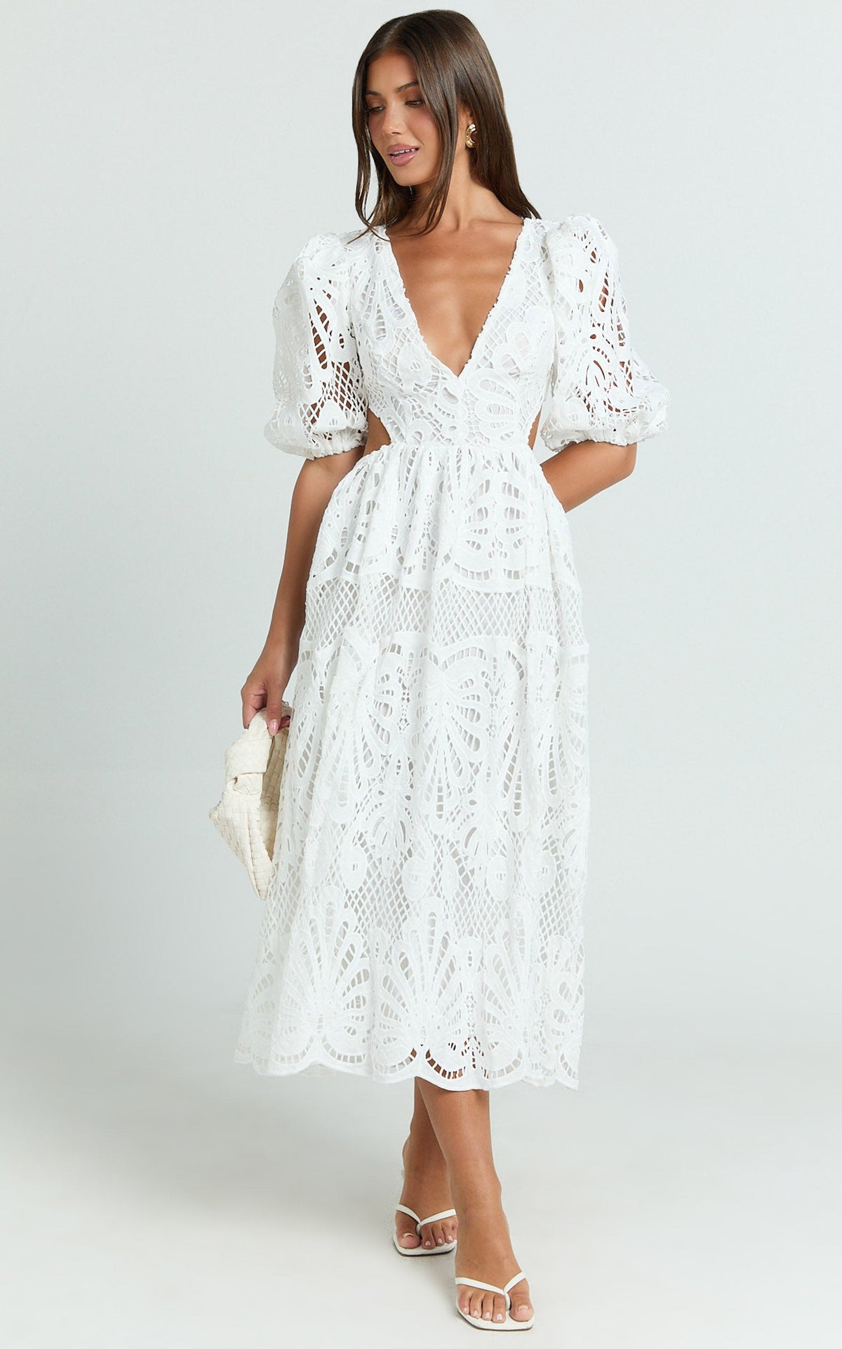 V Neck Cut Out Lace Midi Dress