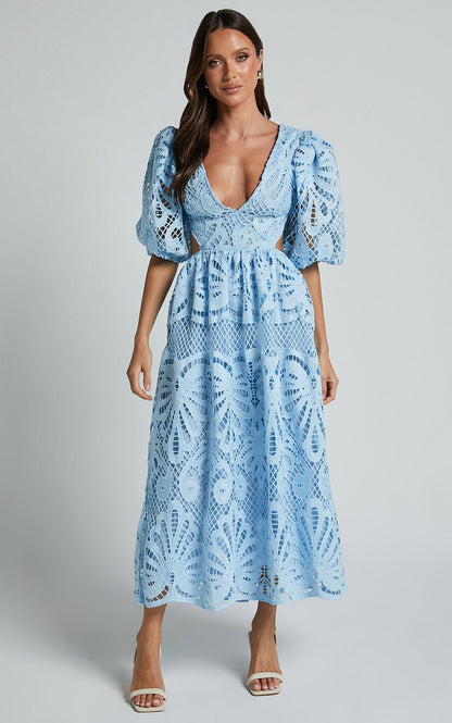 V Neck Cut Out Lace Midi Dress