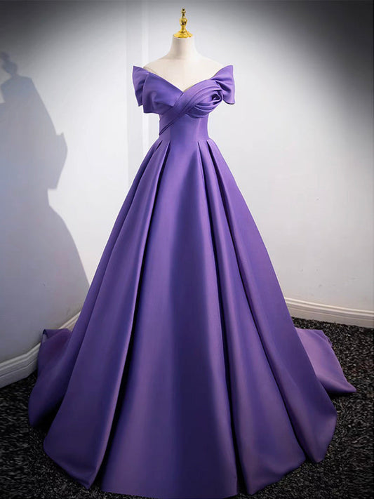 Off Shoulder Satin Purple Dress