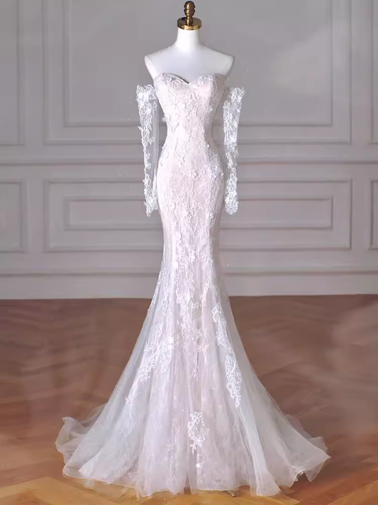 Mermaid Strapless White Lace Maxi Dresses
