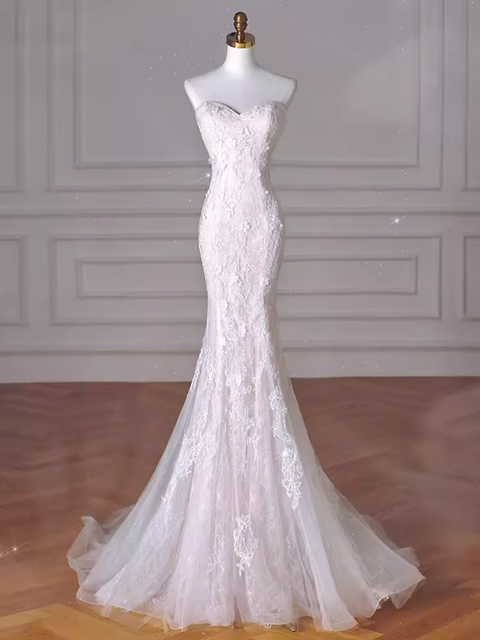 Mermaid Strapless White Lace Maxi Dresses