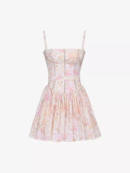 Helen Floral Stretch Cotton Mini Dress - Peach