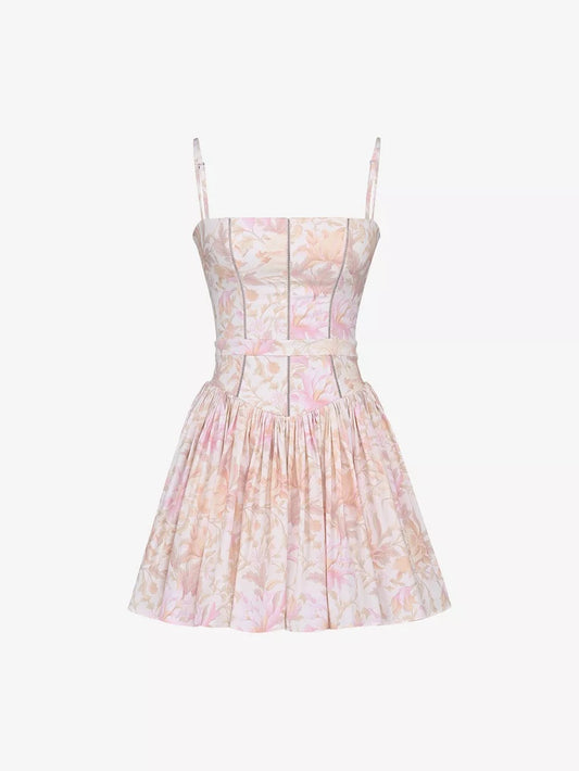 Helen Floral Stretch Cotton Mini Dress - Peach