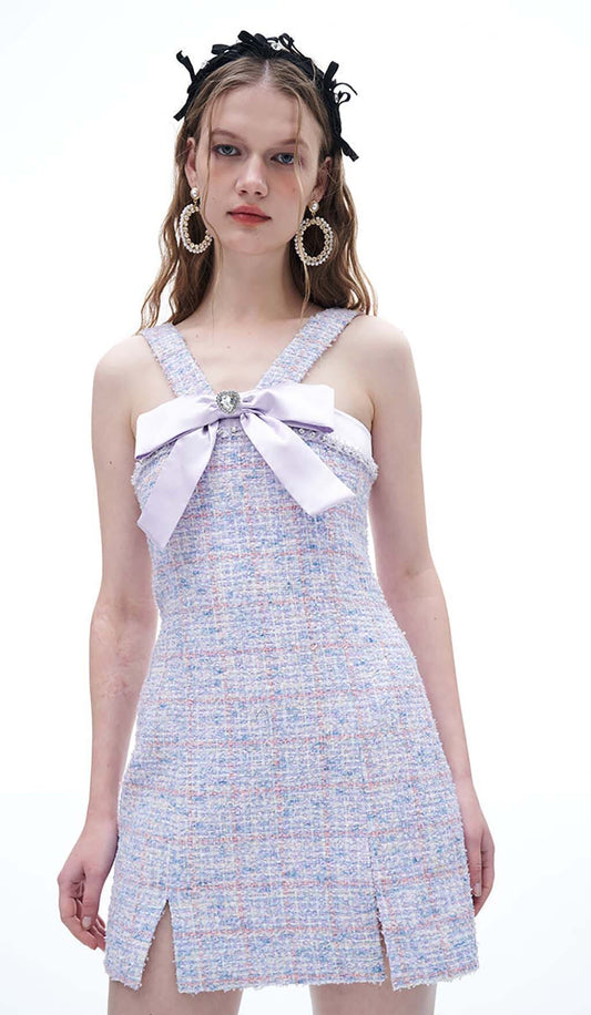 BOWTIE TWEED MINI DRESS IN LAVENDER