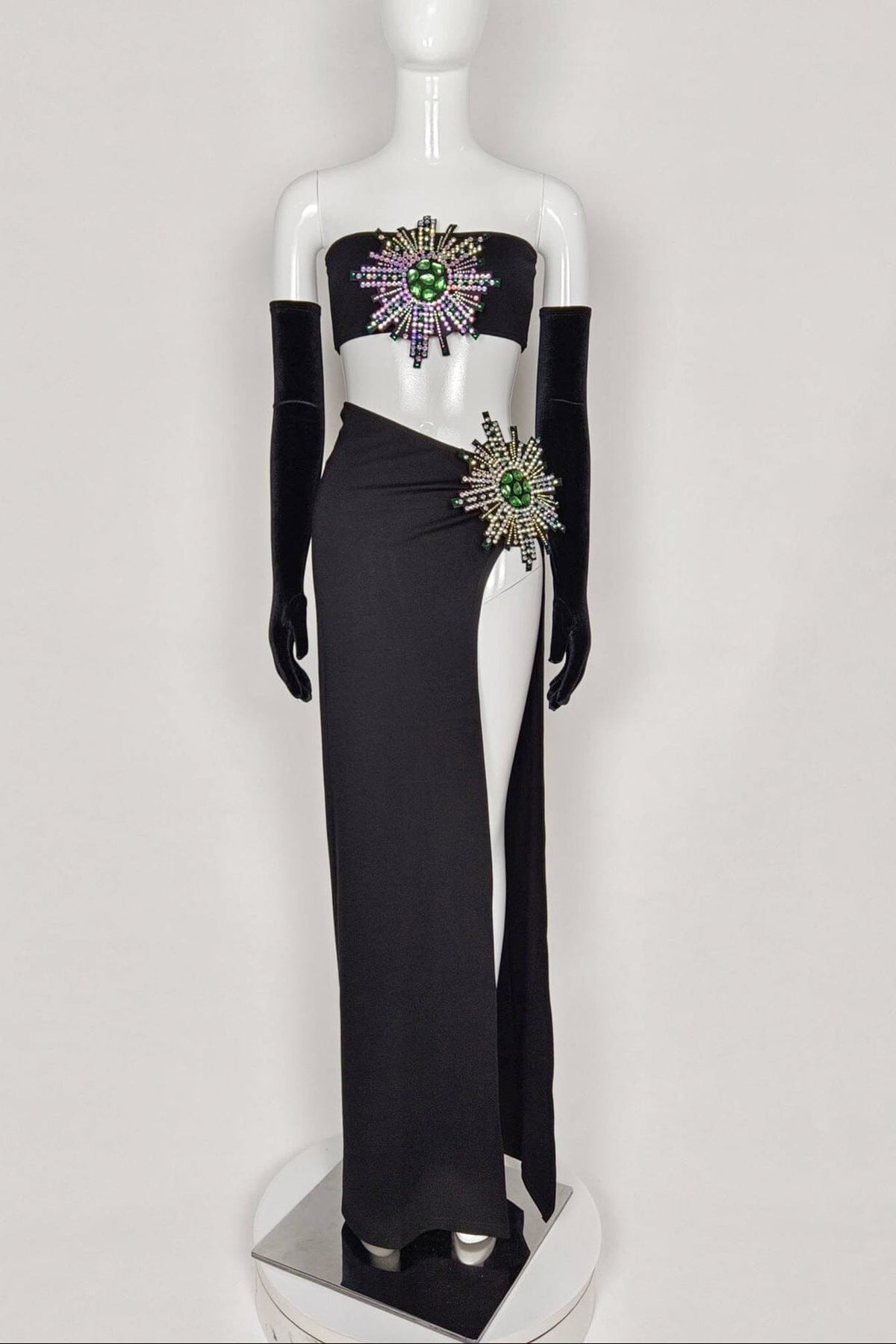 RHINESTONE HIGH SPLIT SKIRT SET WITH GLOVES Sets 