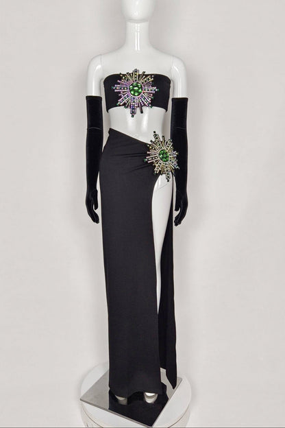 RHINESTONE HIGH SPLIT SKIRT SET WITH GLOVES Sets 