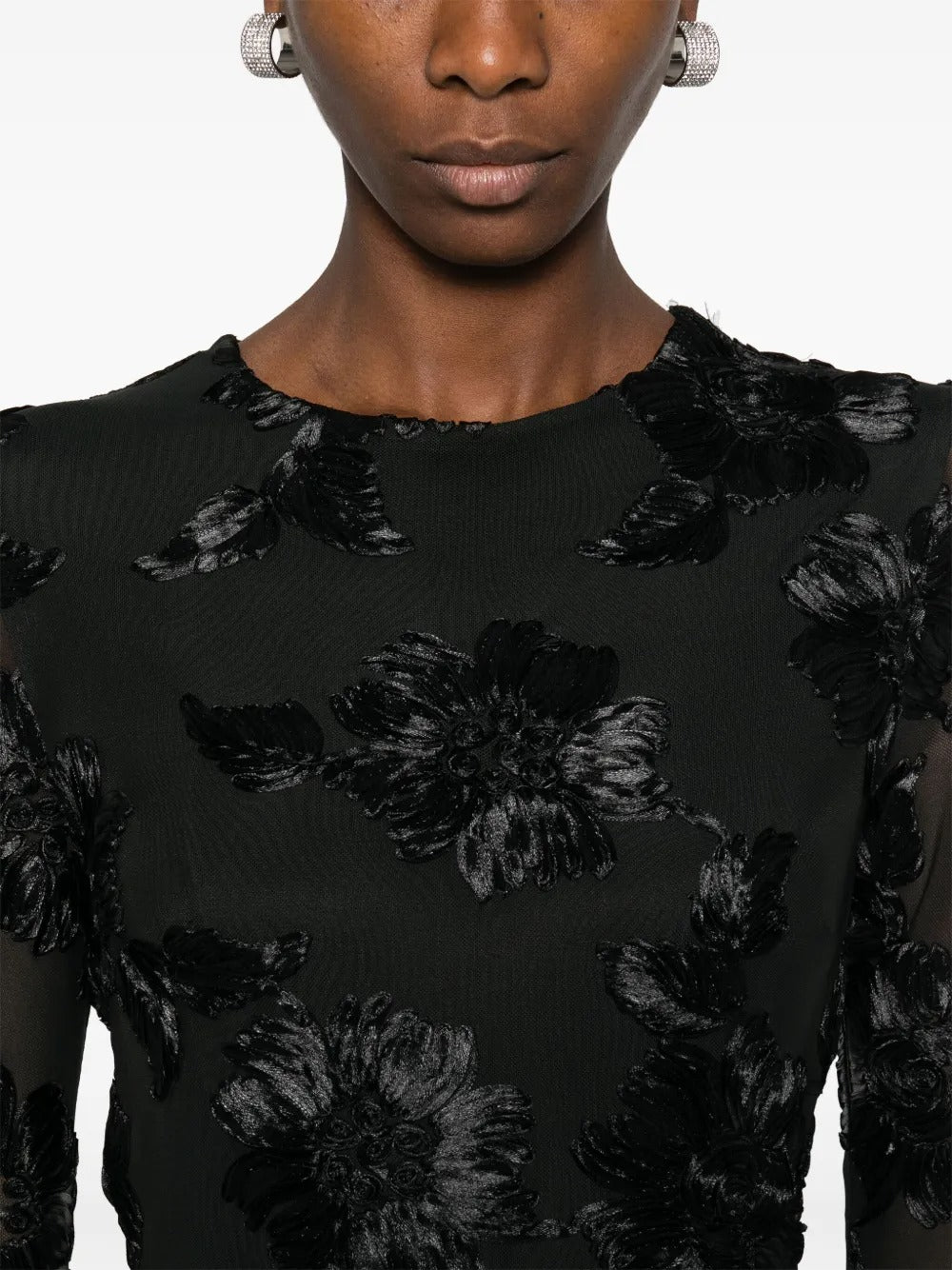 Floral-Embroidered Mesh Mini Dress In Black