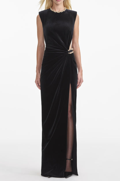 joa Black Velvet Embellished Maxi Dress
