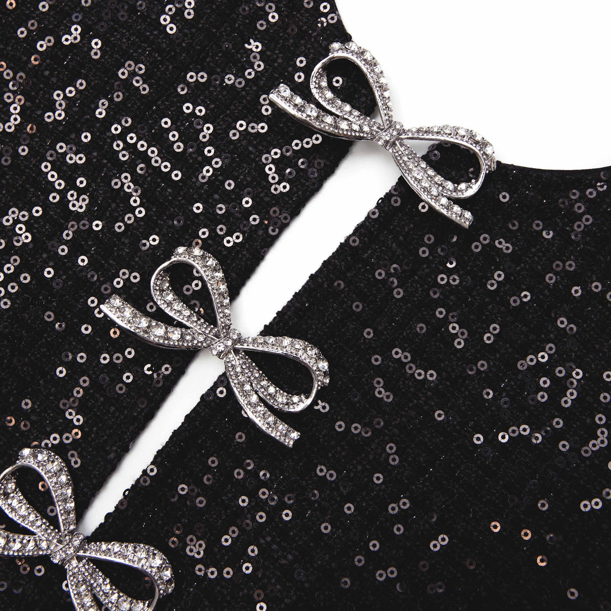 janice Black Sequin Tweed Bow Mini Dress