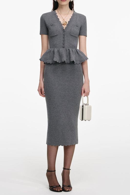 mandy v-neck Peplum Knit Midi Dress in Grey
