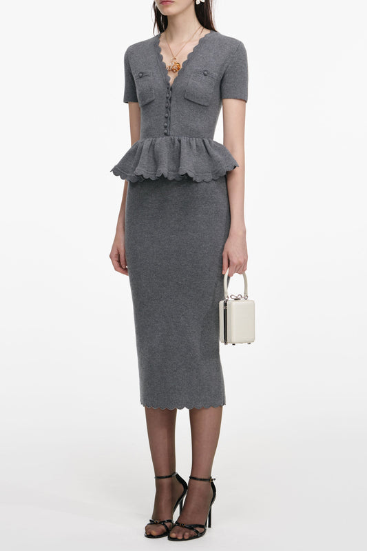 mandy v-neck Peplum Knit Midi Dress in Grey