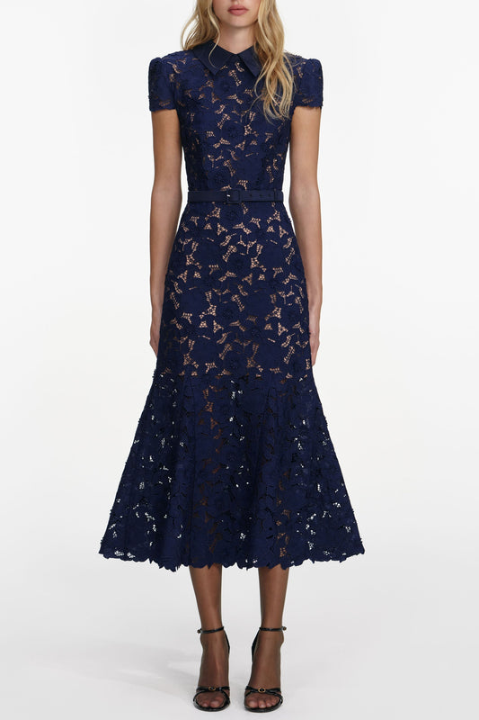 zenobia navy blue Guipure Lace hollow Midi Dress