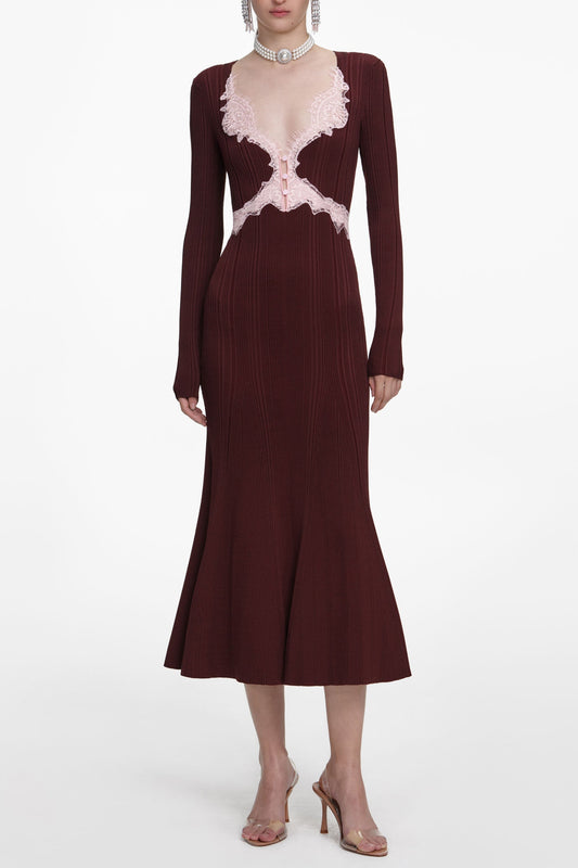 apphia Brown Contrast Lace Knit Midi Dress
