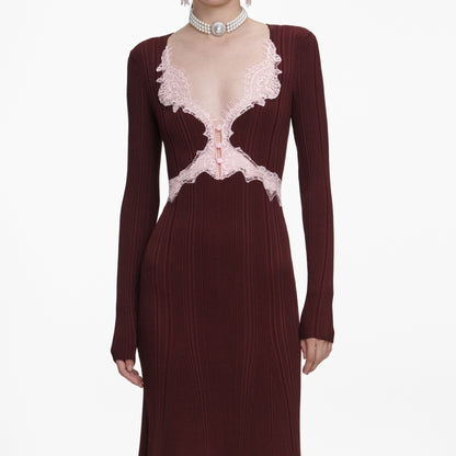 apphia Brown Contrast Lace Knit Midi Dress