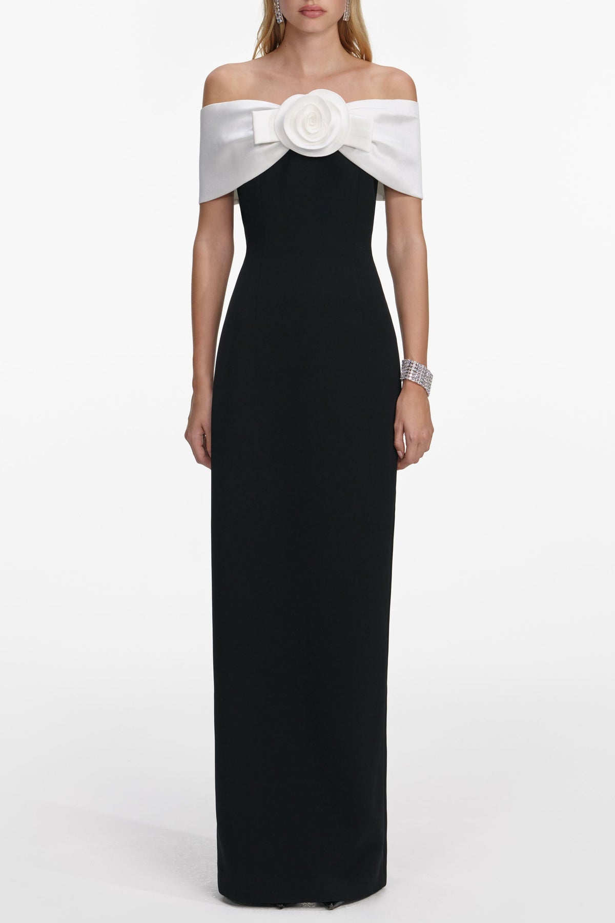 sandra off-shoulder 3d flower maxi dress in black