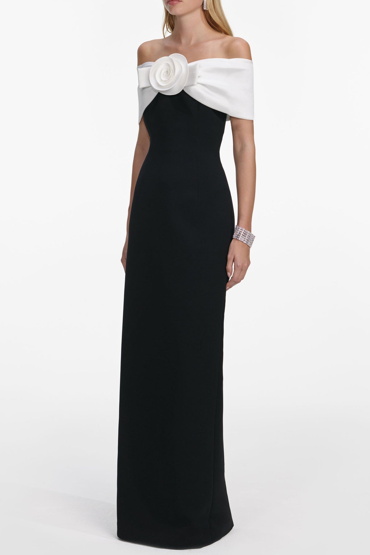sandra off-shoulder 3d flower maxi dress in black