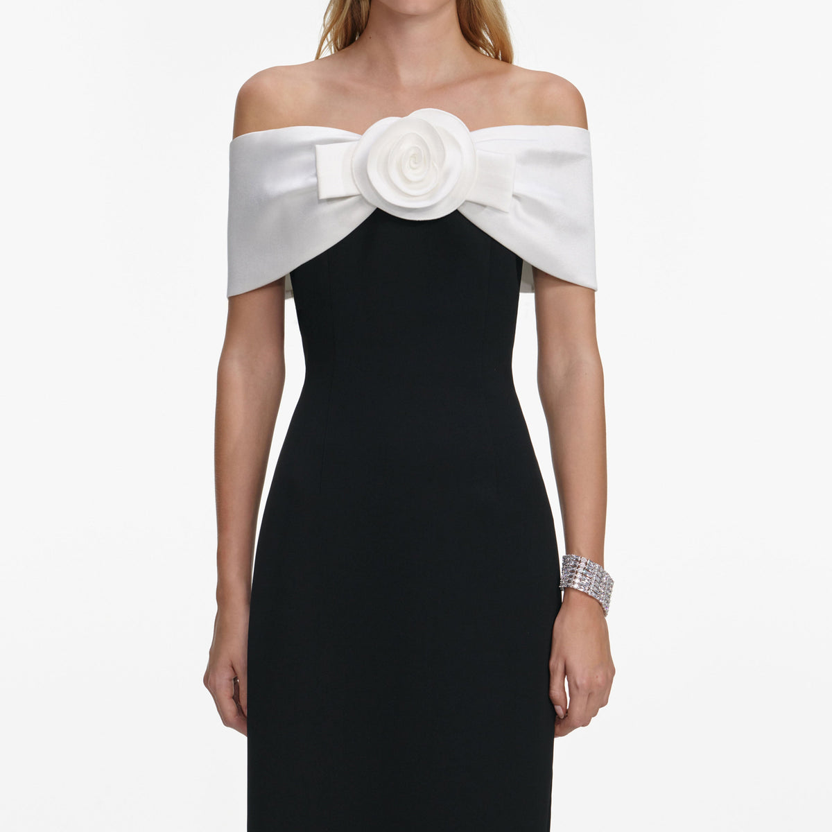 sandra off-shoulder 3d flower maxi dress in black