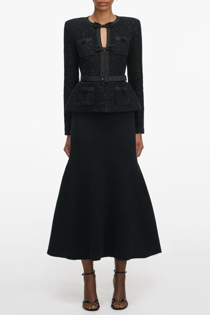 molly Black Sequin Knit Tailored Midi Dress