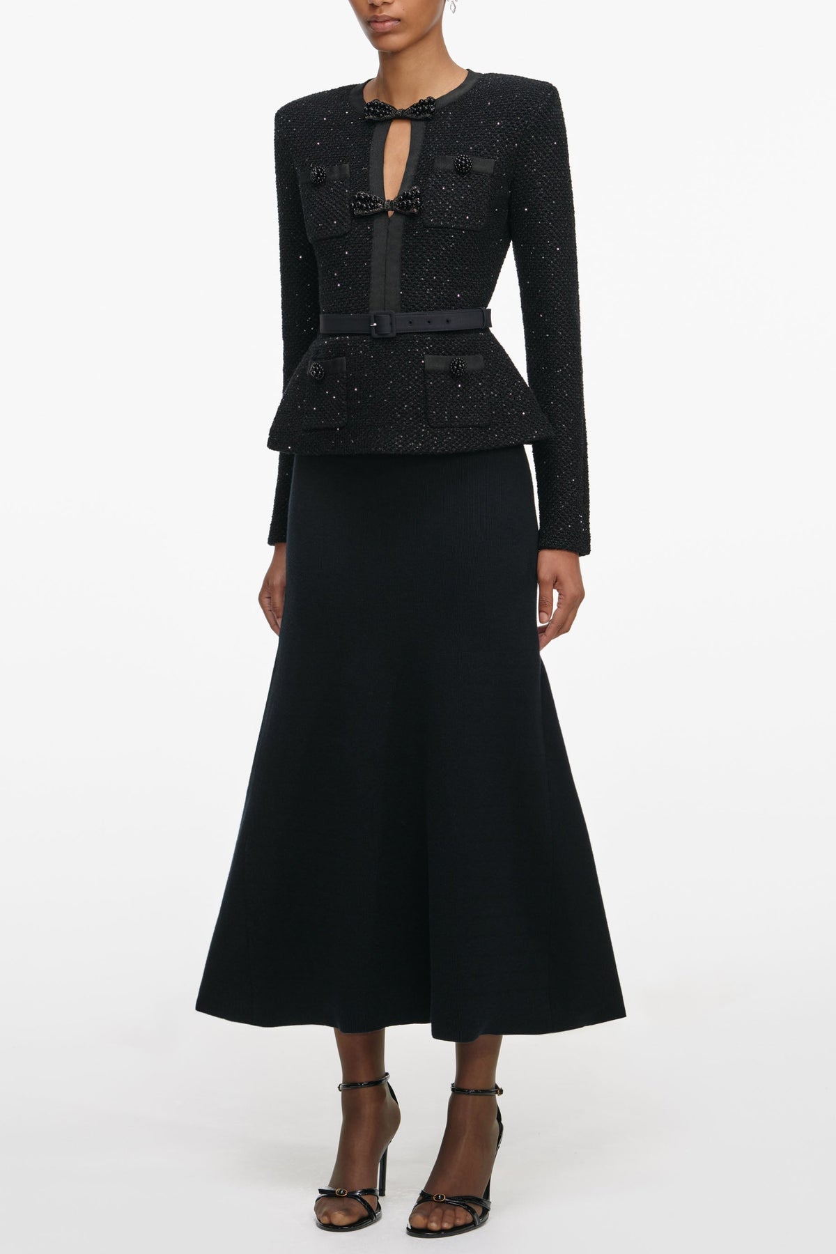 molly Black Sequin Knit Tailored Midi Dress