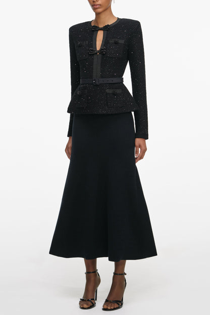molly Black Sequin Knit Tailored Midi Dress
