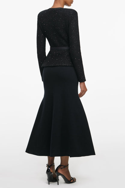 molly Black Sequin Knit Tailored Midi Dress