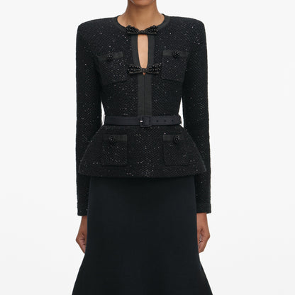 molly Black Sequin Knit Tailored Midi Dress