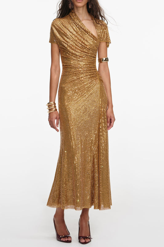 kimberley Gold Rhinestone Drape cutout Maxi Dress