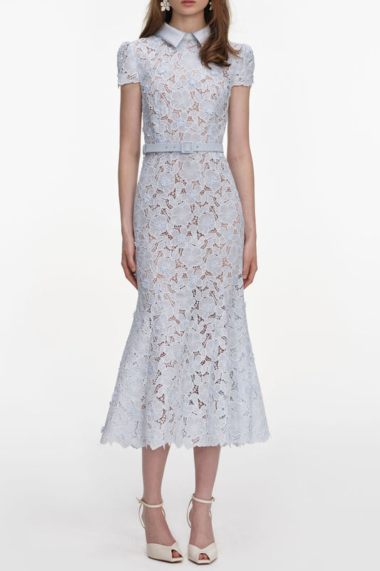 zenobia pale blue Guipure Lace hollow Midi Dress