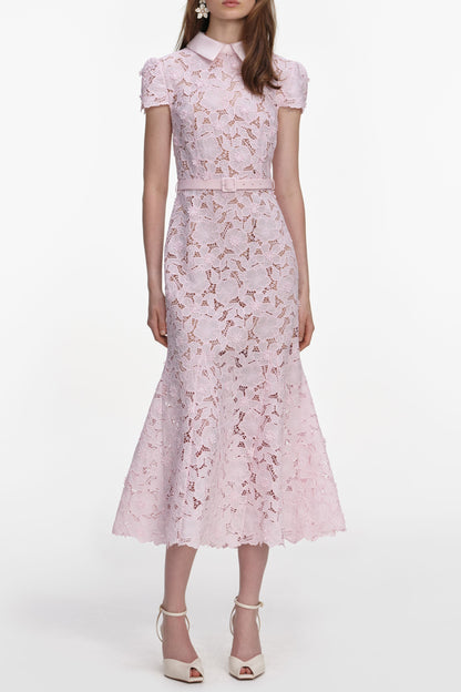 zenobia Pink Guipure Lace hollow Midi Dress