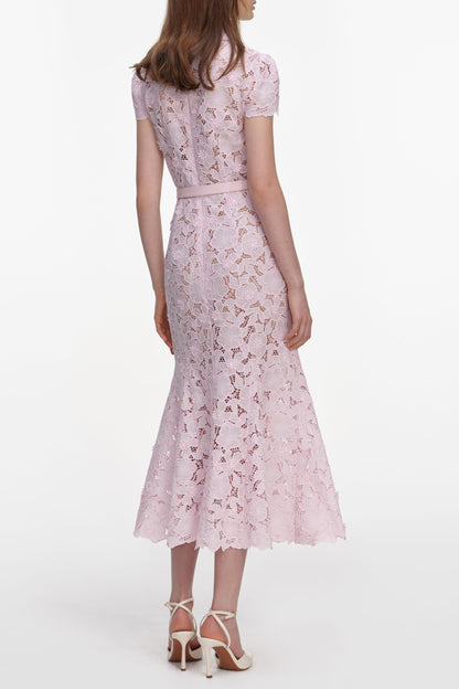 zenobia Pink Guipure Lace hollow Midi Dress