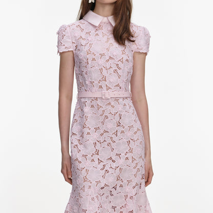 zenobia Pink Guipure Lace hollow Midi Dress