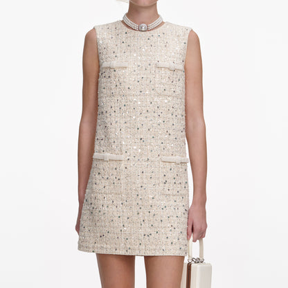 lillian Cream Embellished Boucle Mini Dress