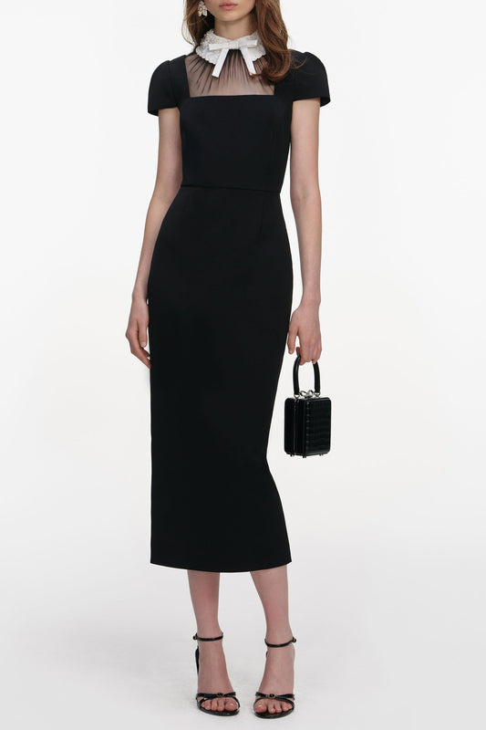 trista Black Crepe Bow Collar Midi Dress