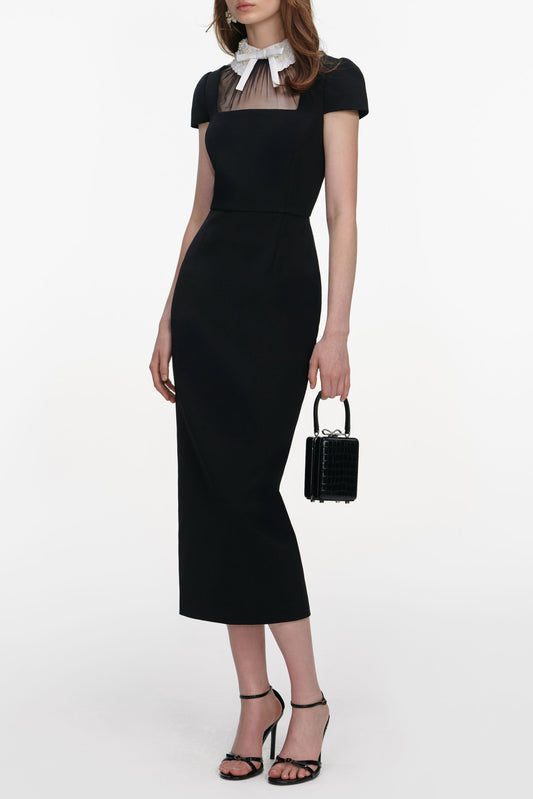trista Black Crepe Bow Collar Midi Dress