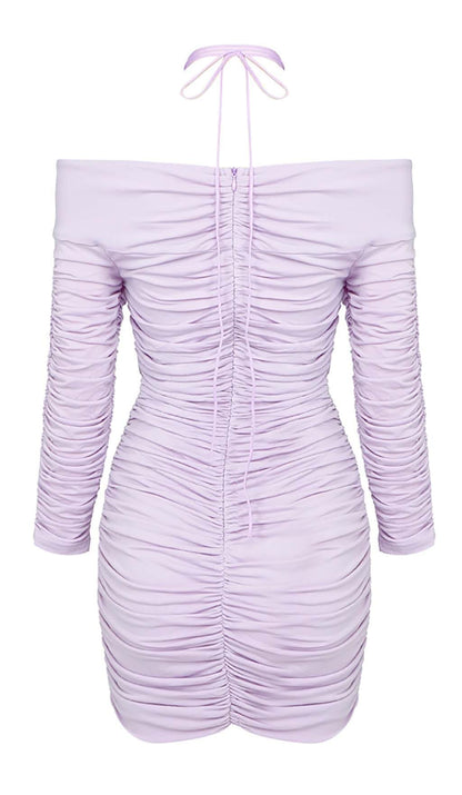 RUCHED OFF-SHOULDER MINI DRESS IN ILAC