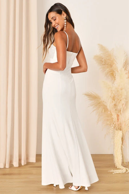 Radiant Promise White Satin Twist-Front Mermaid Maxi Dress