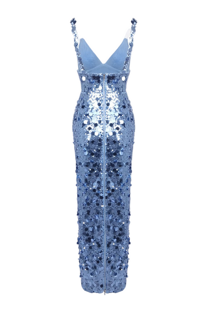 roberta Deep V-Neck Sequin Column Gown in blue