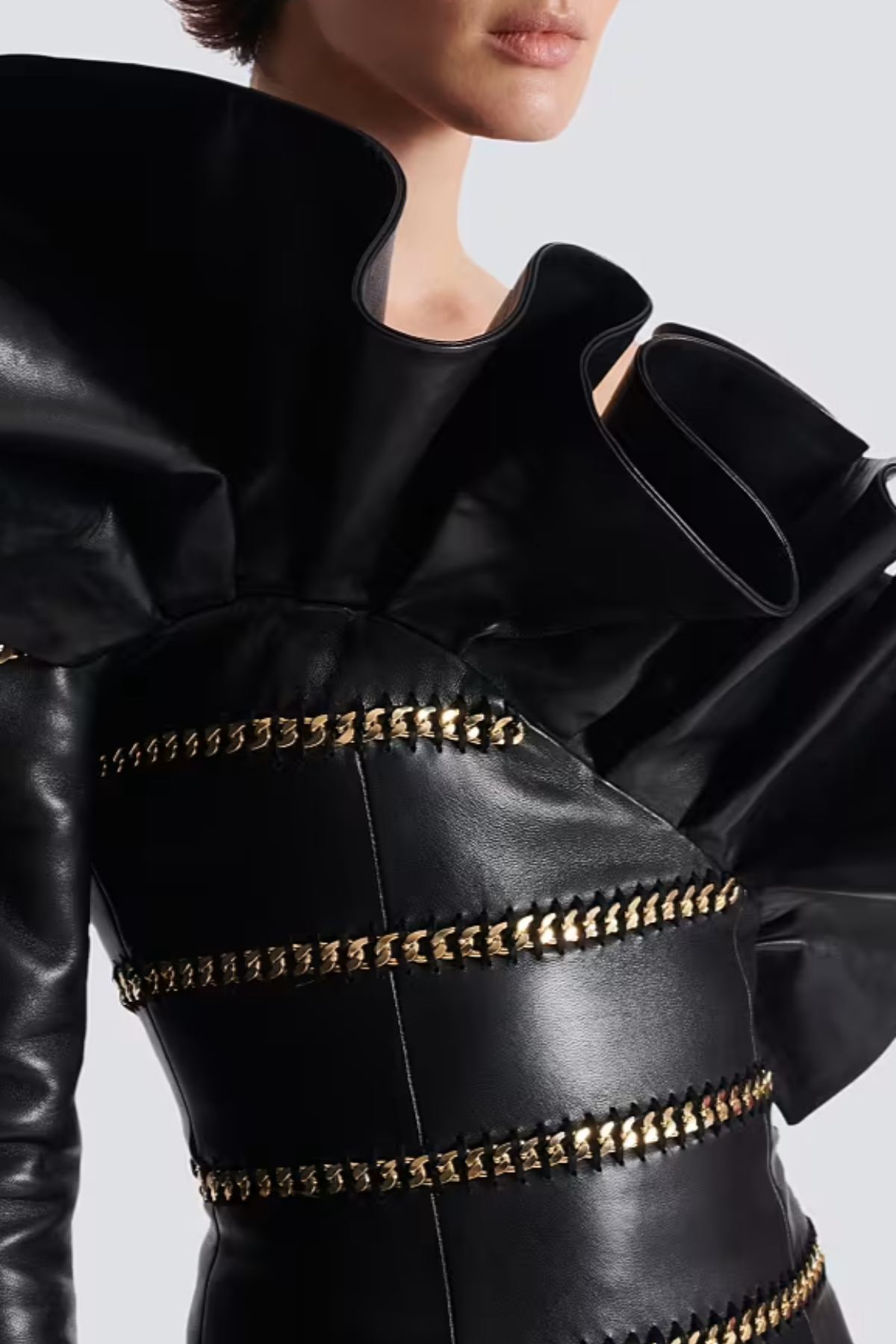 Rantan One Shoulder Asymmetric Leather Ruffle Mini Dress