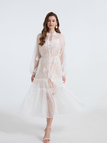 See-through blouse maxi dress with lace skirt in white
